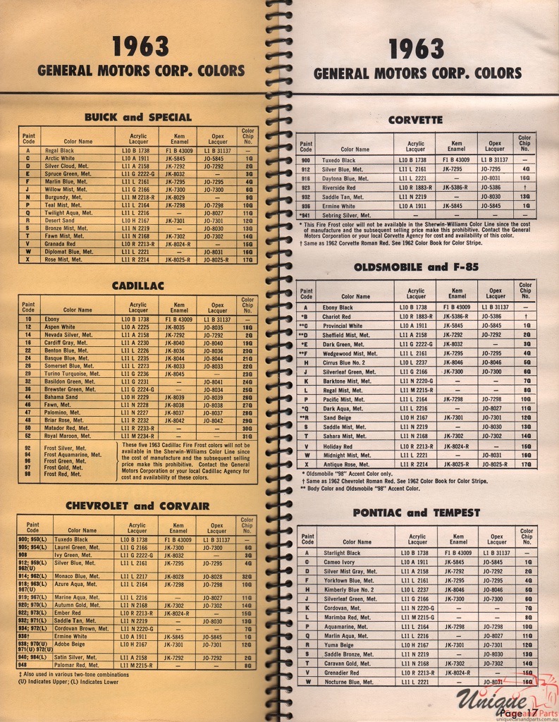 1963 General Motors Paint Charts Williams 5